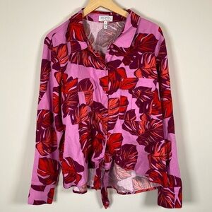 Sofia Vergara Tropical Palm Print Linen Button Down Tie Front Blouse Top XL NWT